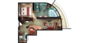 Croisière NCL Norwegian Cruise Line Spirit Suite du propriétaire face à l'arrière (poupe) avec chambre principale et balcon plan